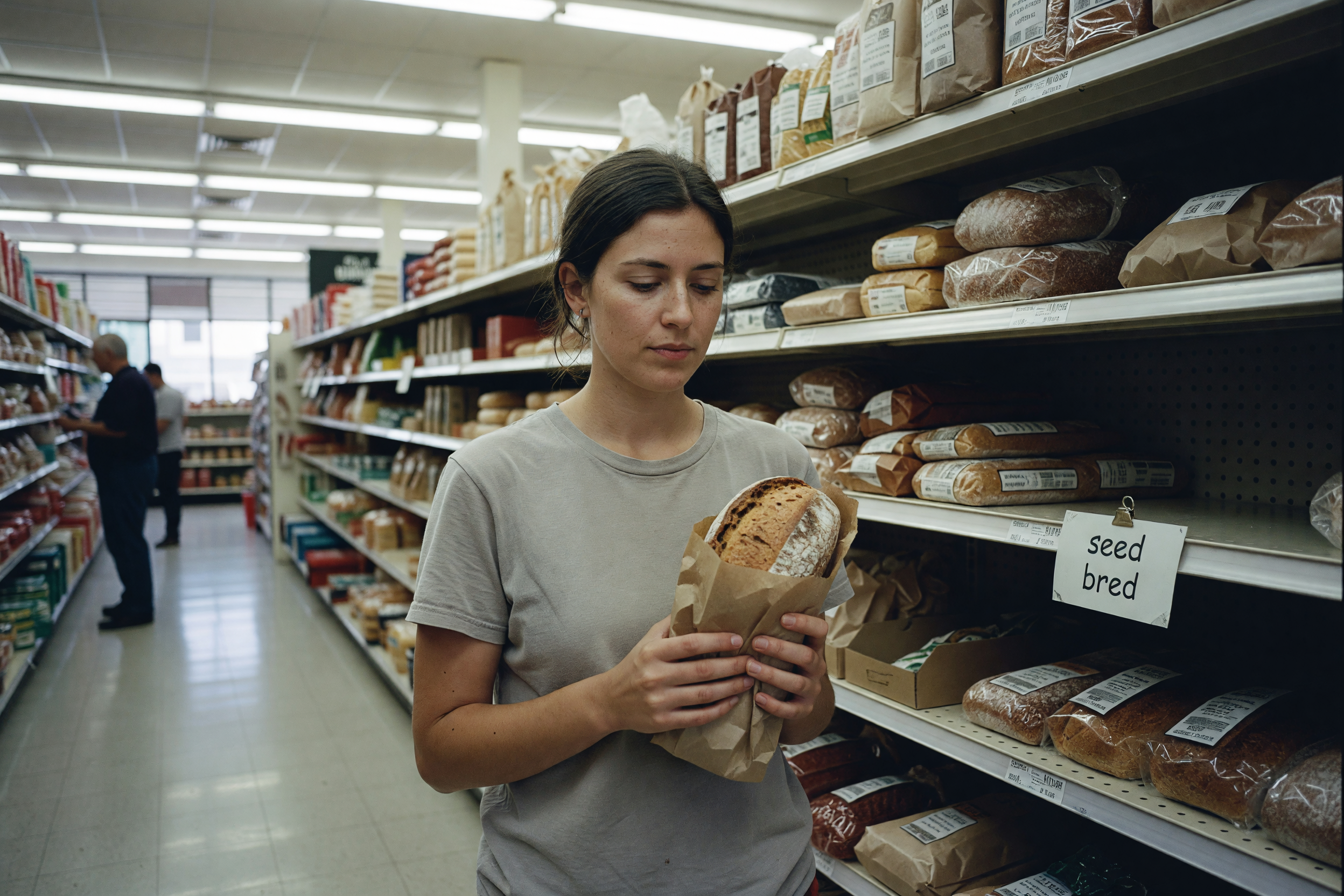 hand holding the bread near the price sign