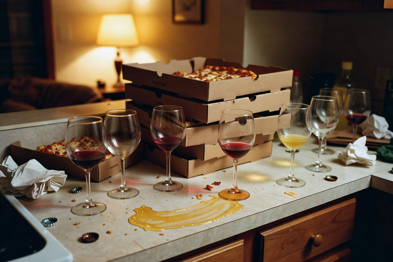 The aftermath of hosting book club, ugh, time to clean.