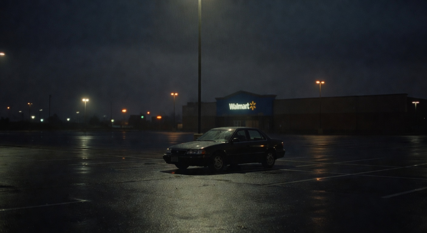 Our car in the Walmart parking lot on a drizzly night.