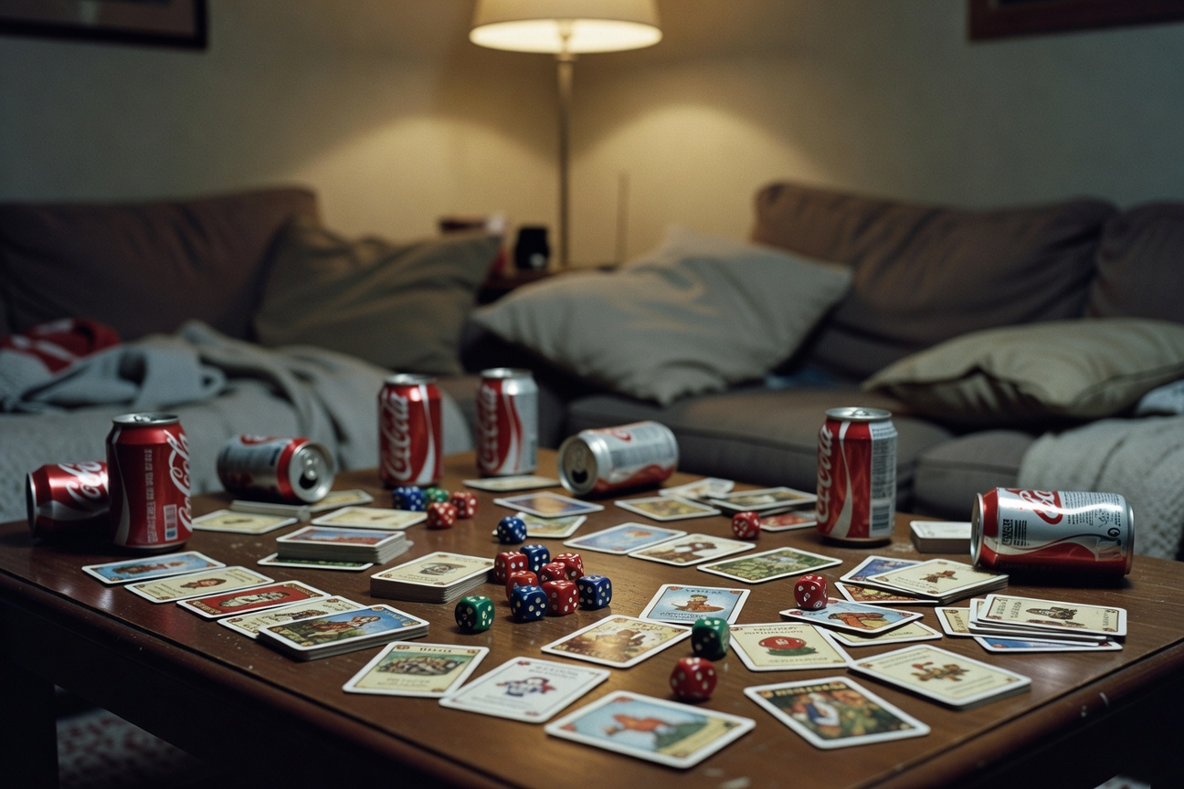 Game night setup with cards and dice all over the table.