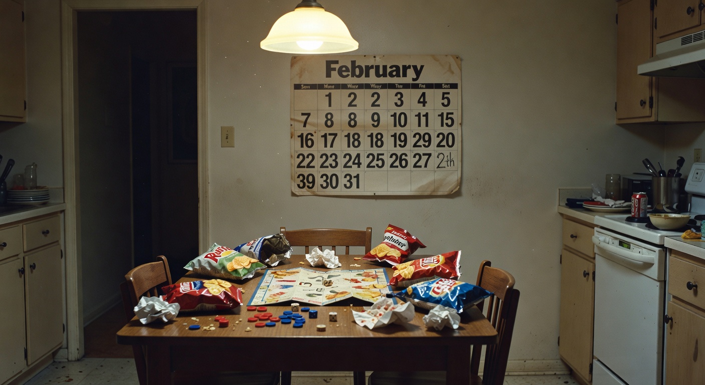 Messy kitchen table after game night with game pieces and snack leftovers.