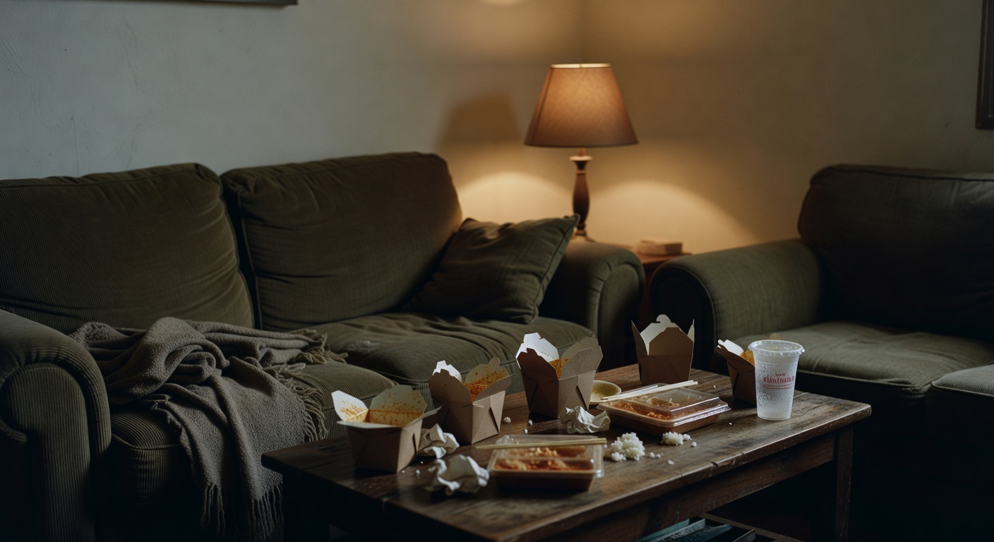 Our messy couch setup with Thai takeout containers after dinner.