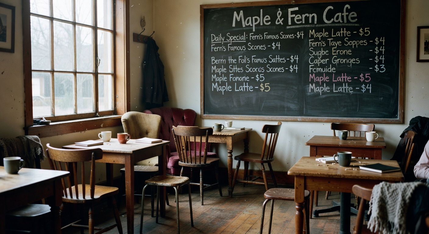 Inside Maple & Fern cafe, super cozy with that chalkboard menu.