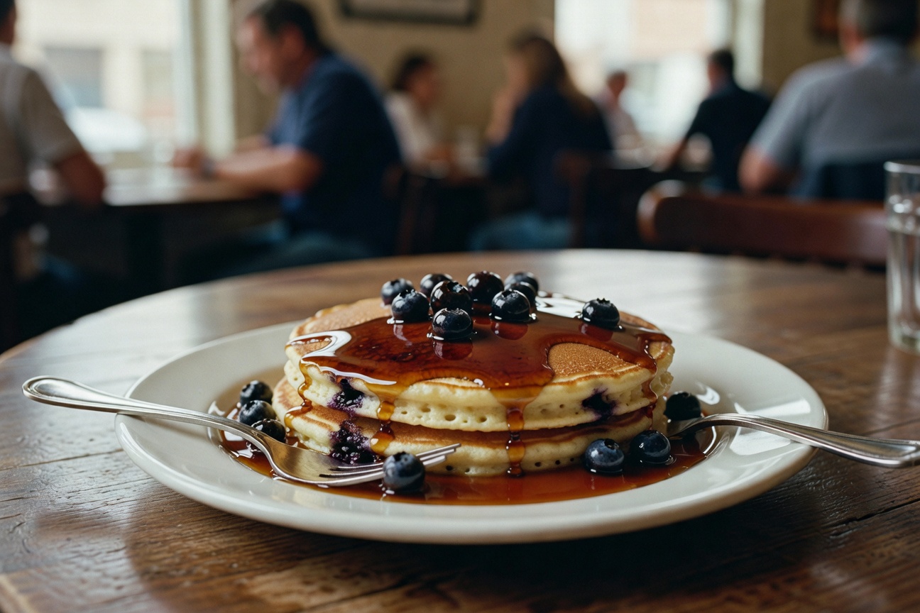 My blueberry ricotta pancakes, totally drowned in syrup.