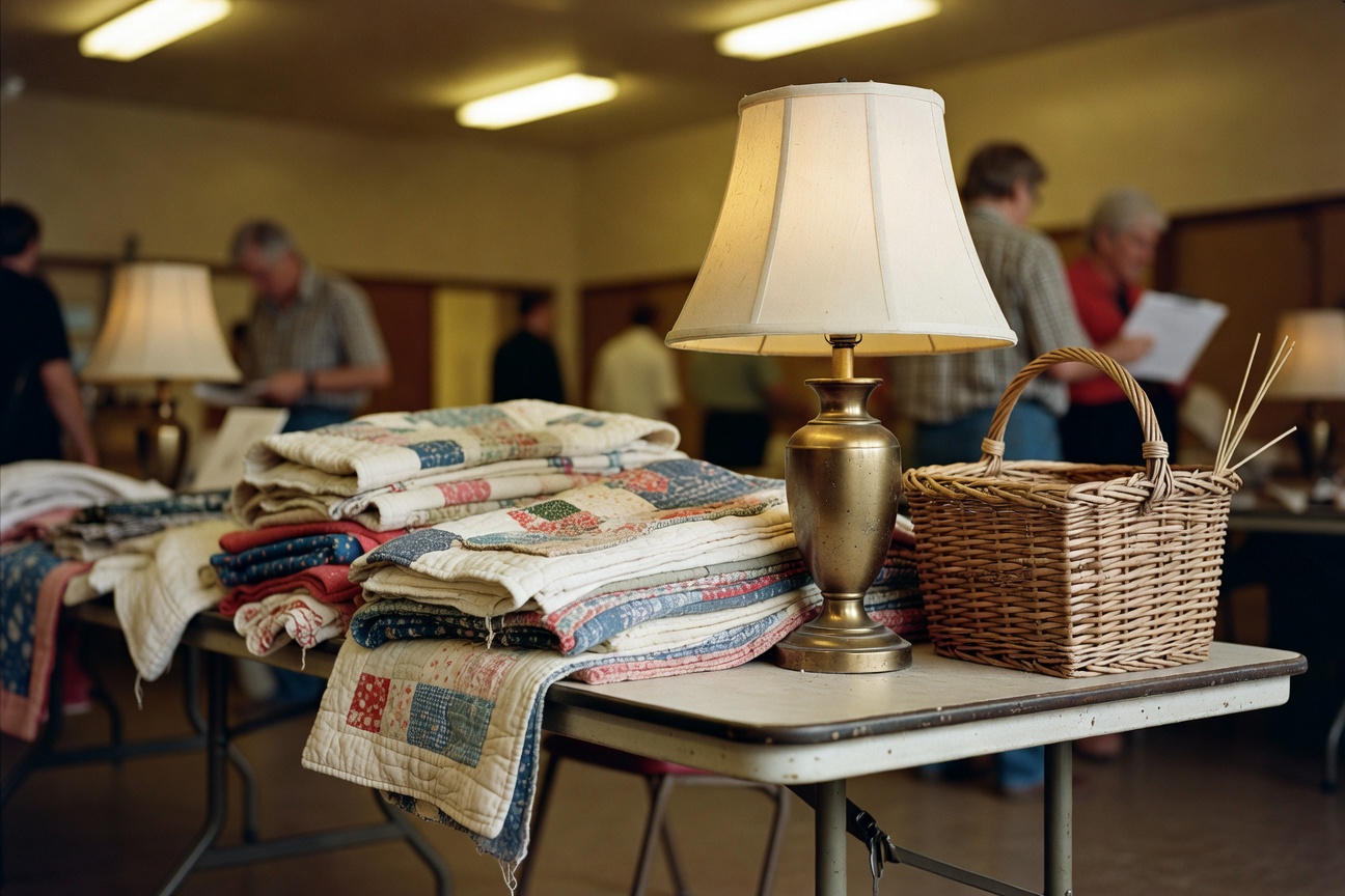 Table full of auction goodies at the community center.