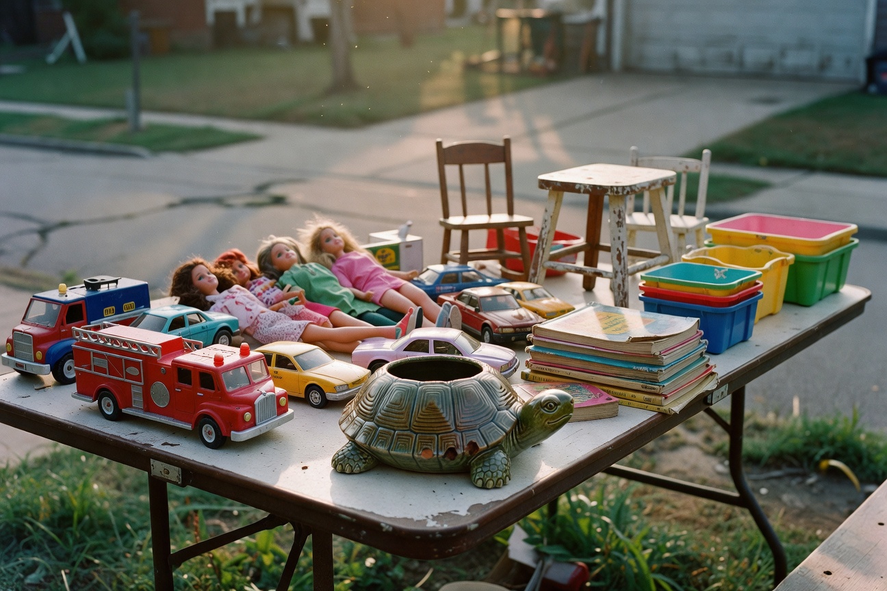 Table full of random stuff at the Maple Street garage sale, including my ugly turtle planter.