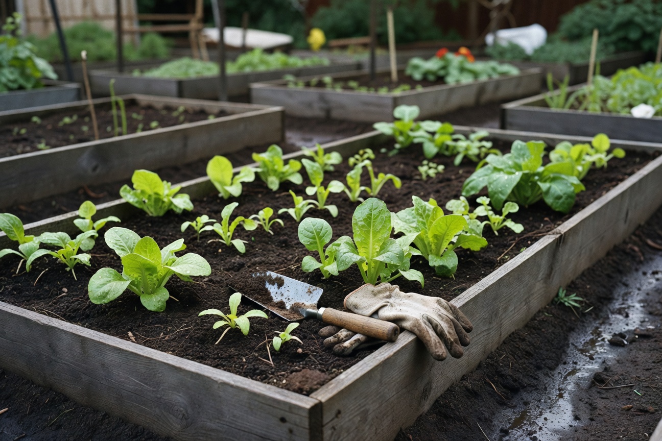 A raised bed in the community garden with some tools lying around.