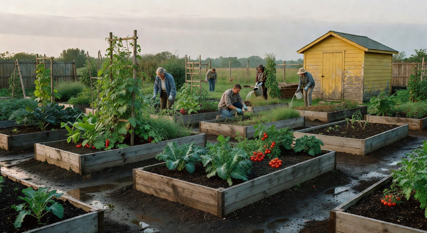 A look at the whole community garden with folks working.