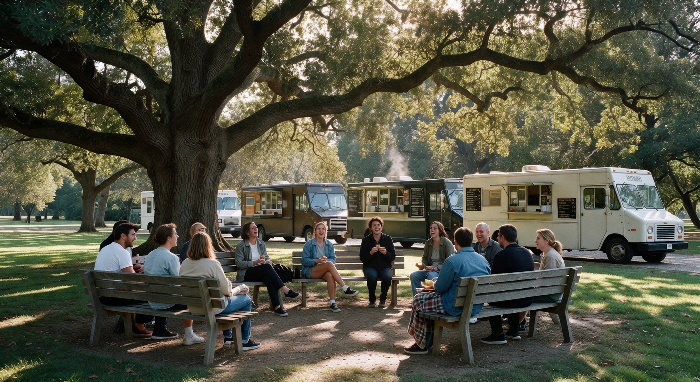 Grabbing a bite by the food trucks, such a chill spot.