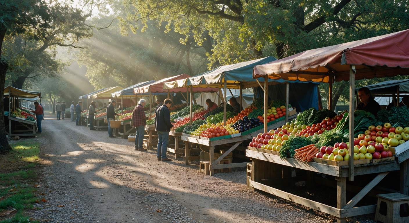 Farmers market stalls lined up along a gravel path in the morning light.
