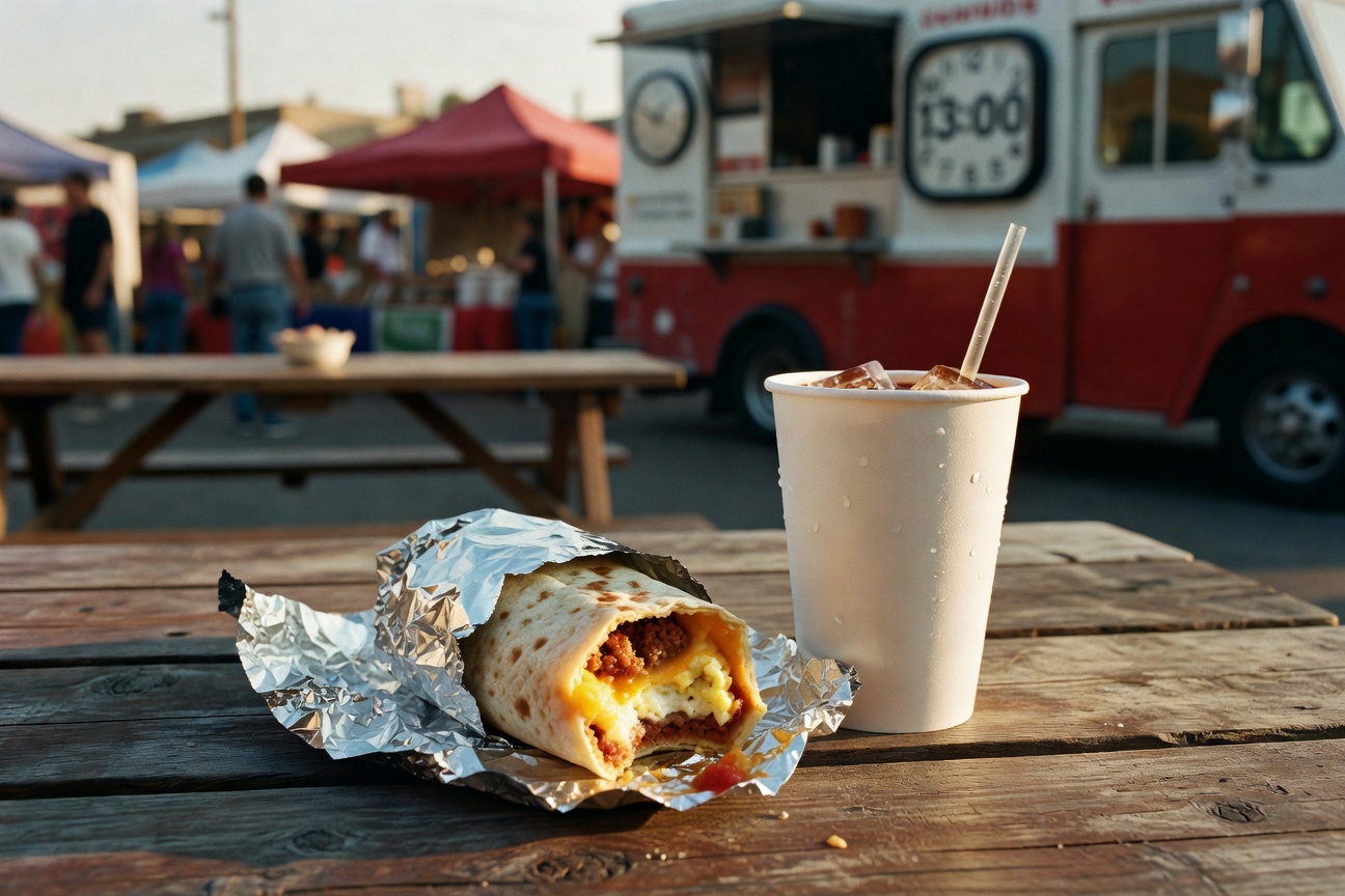 Breakfast burrito and iced coffee on a picnic table at the market.