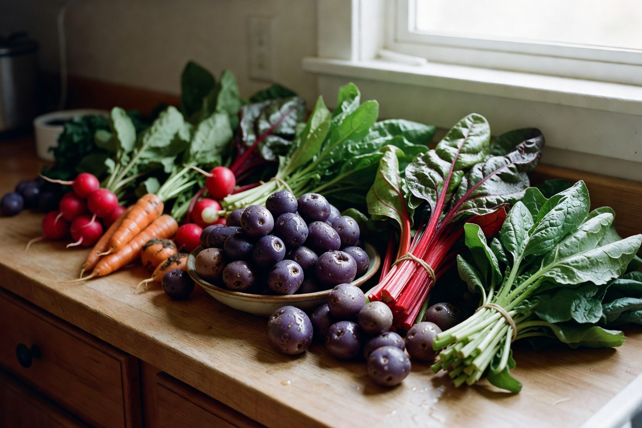 Fresh farmers market haul spread out on my kitchen counter.