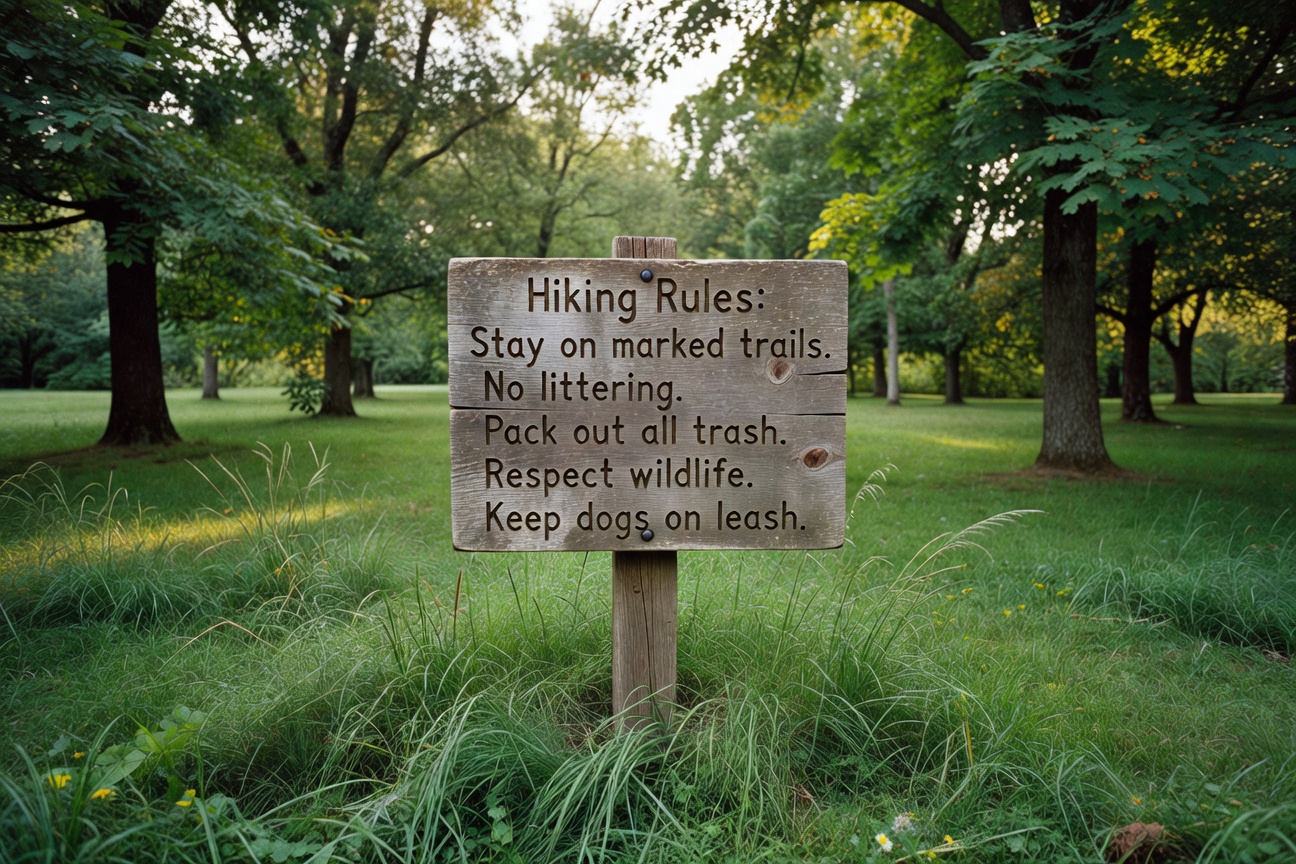 The trailhead sign at Mill Creek Park with the hiking rules.
