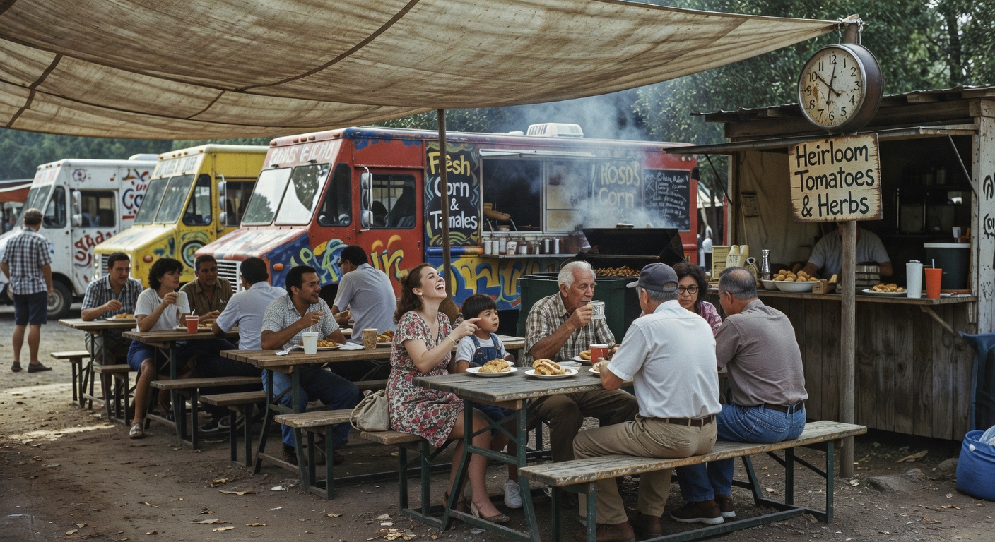 People chilling and eating at the market.