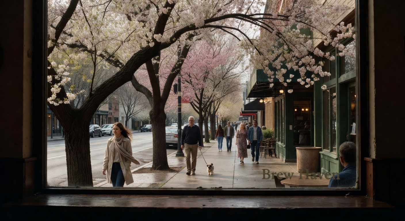 View from Brew Haven with my latte, catching the spring vibes outside.