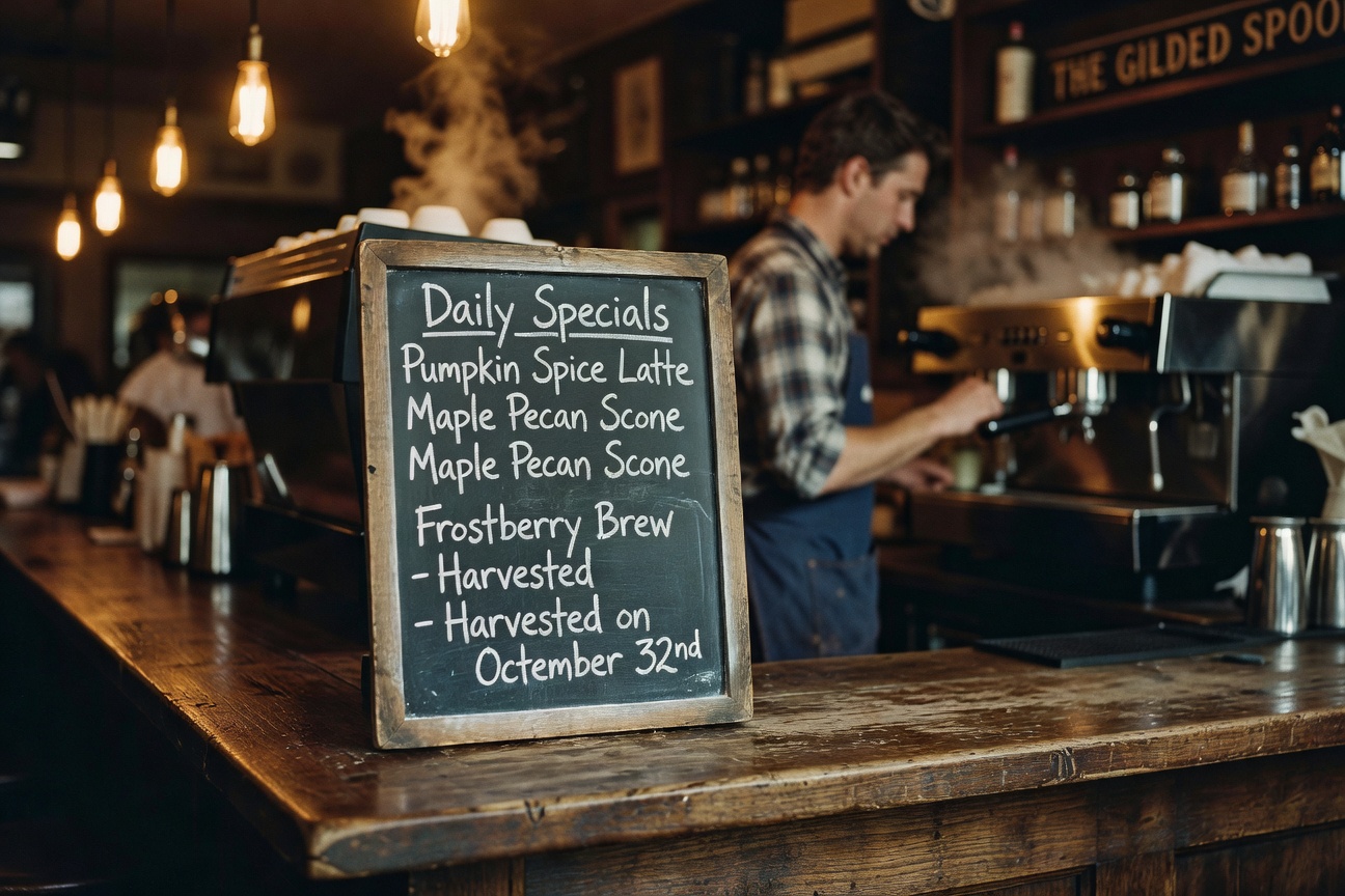 The counter at The Gilded Spoon with their daily specials board.