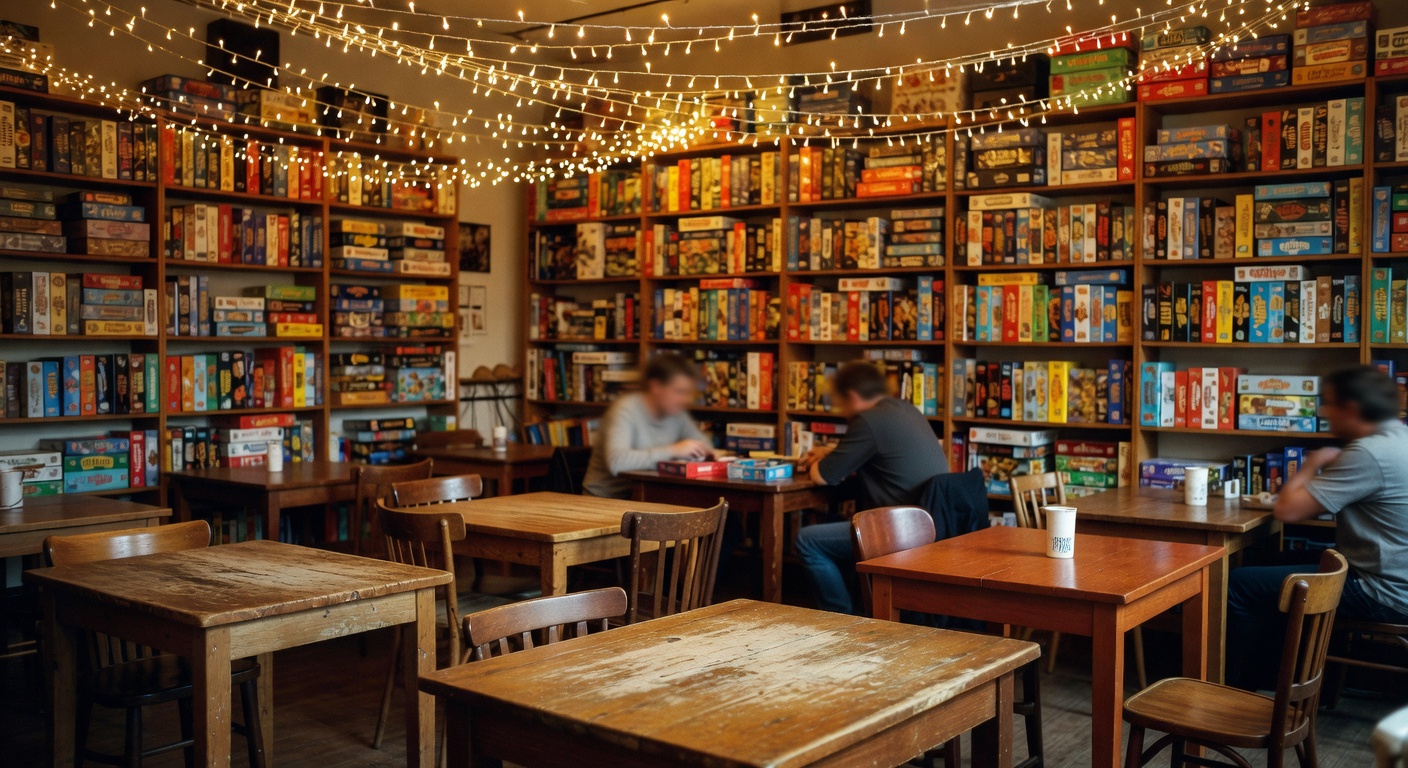 Inside Dice & Brew, super cozy with all the games and lights.