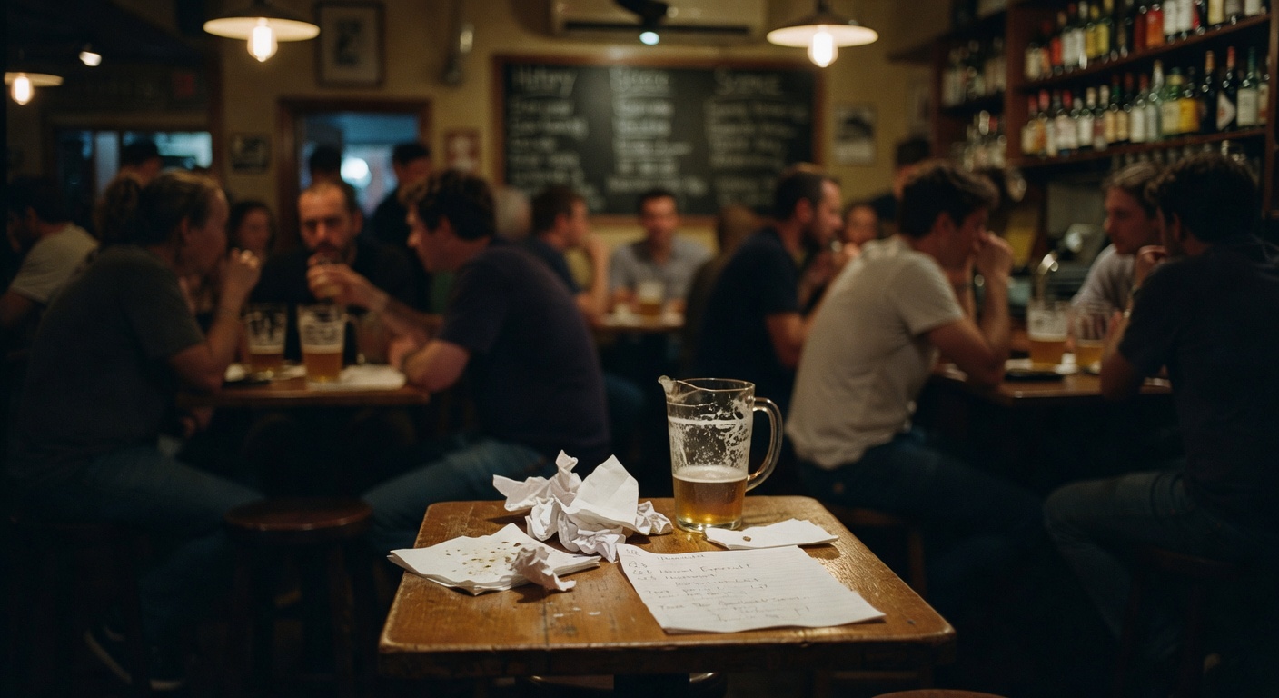 Our trivia night setup at The Rusty Anchor with beer and answer sheets.