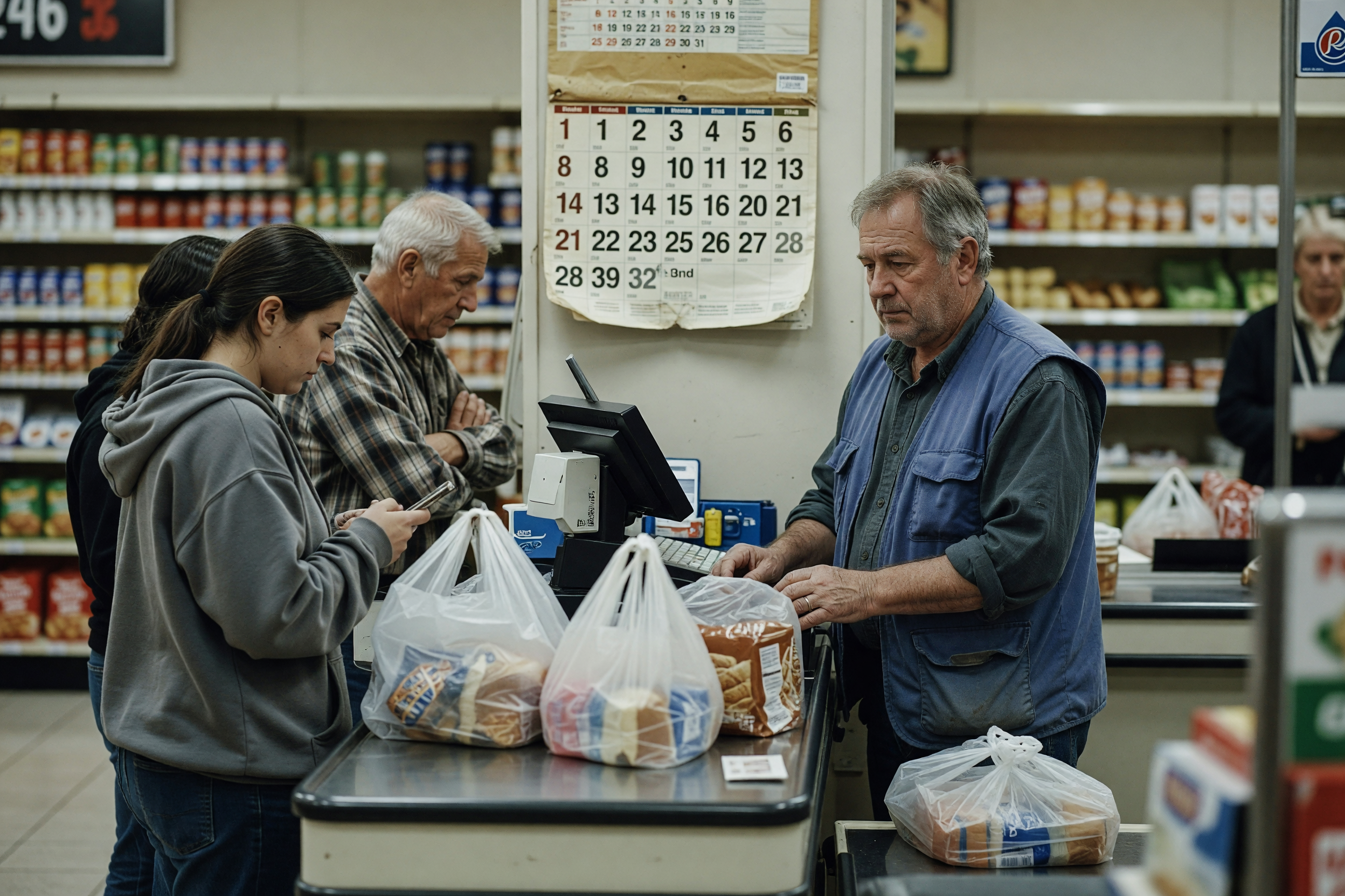 checkout line and calendar on the wall