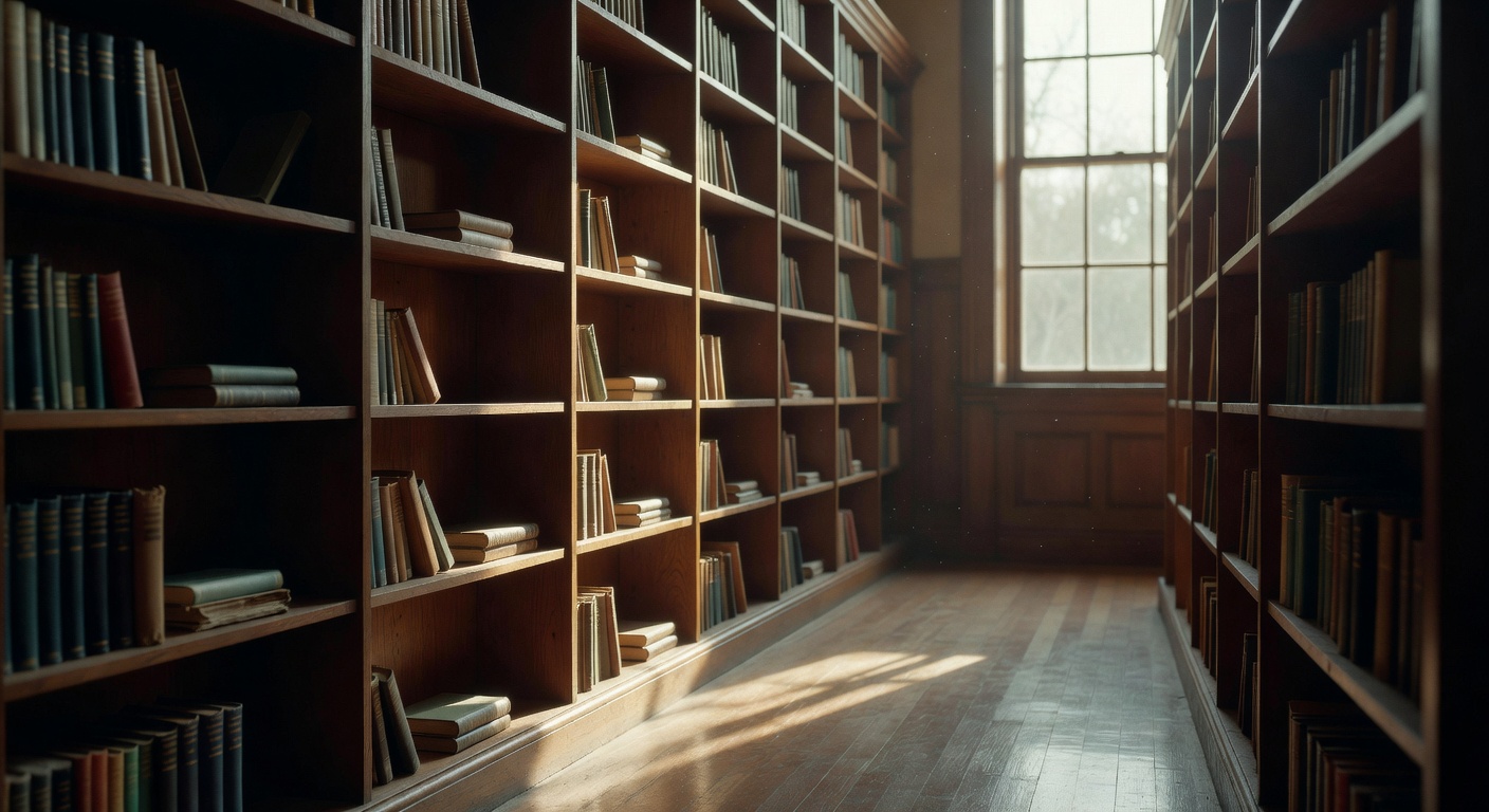 A quiet aisle in the library with sunlight coming through the window.