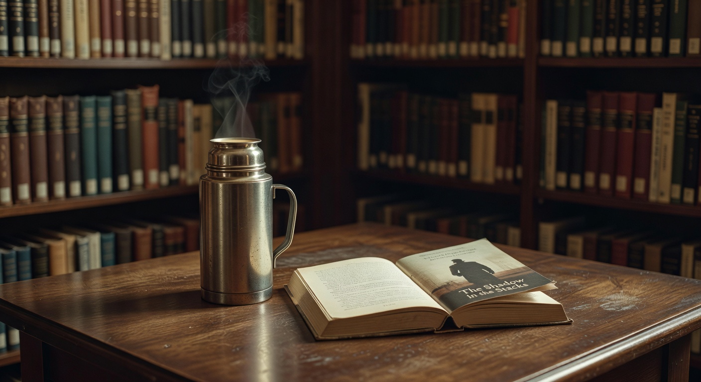 My coffee thermos and book setup at the library corner.