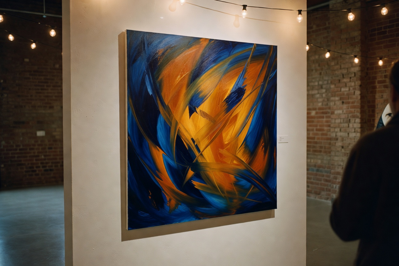 Close-up of a cool abstract painting at the gallery opening.