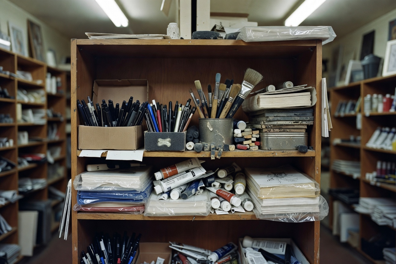 Shelves full of art supplies at Blick, tempting me to buy everything.