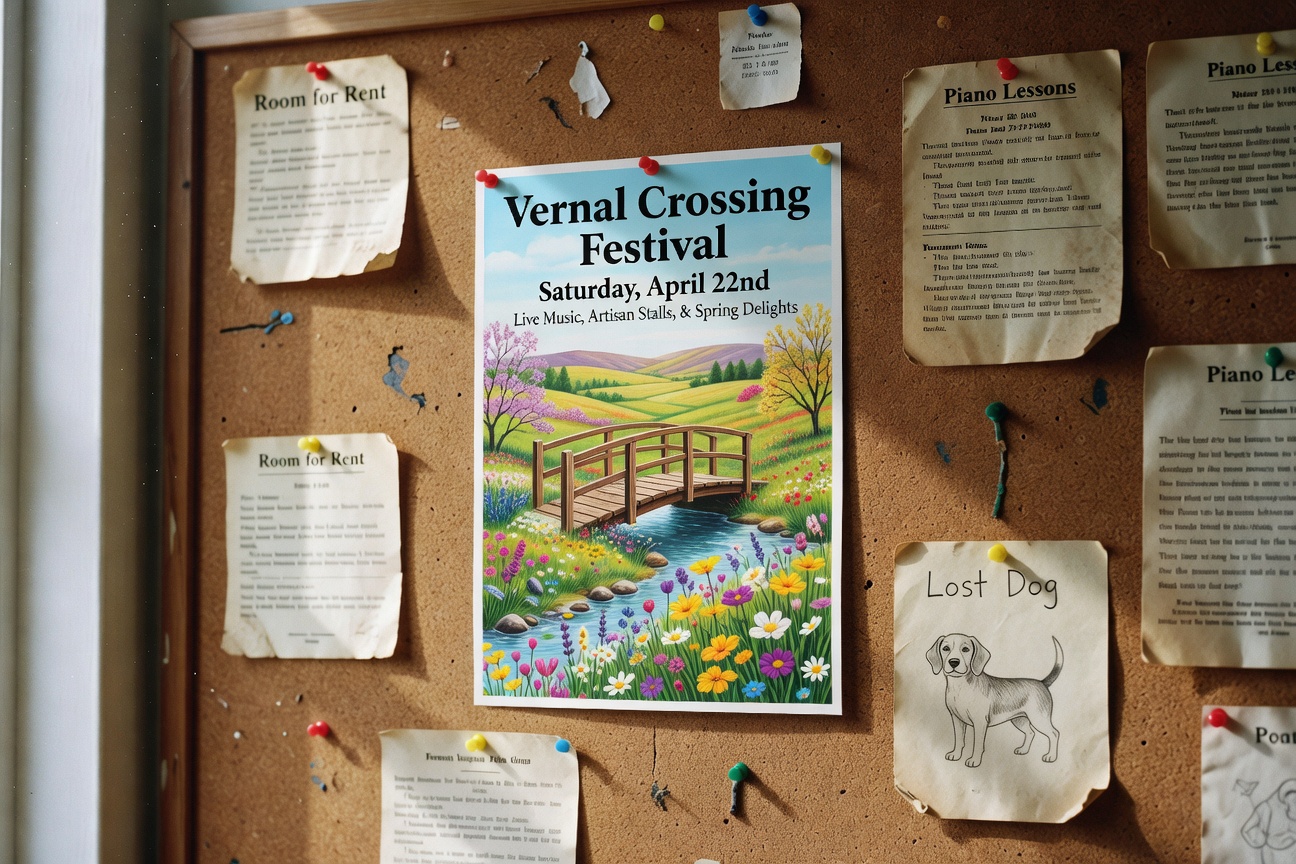 Community board at Hazel’s with a flyer for the local festival.