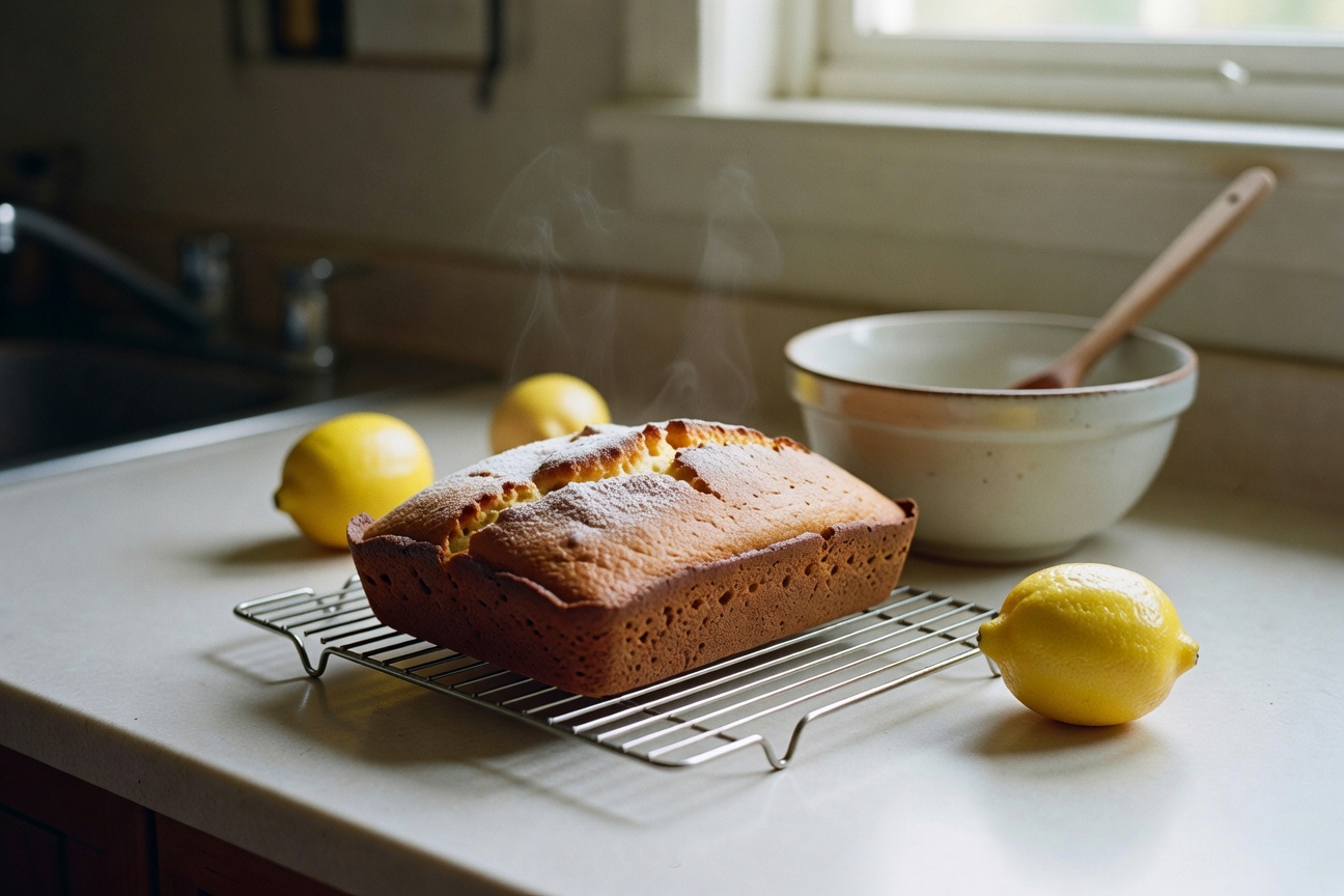 My attempt at a lemon loaf cooling on the counter.