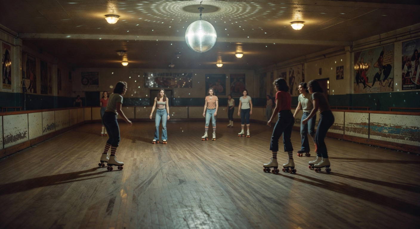 Inside the roller rink with the disco ball glowing.
