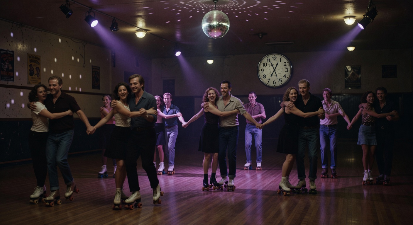 Skaters during the Moonlight Glide with purple lights.
