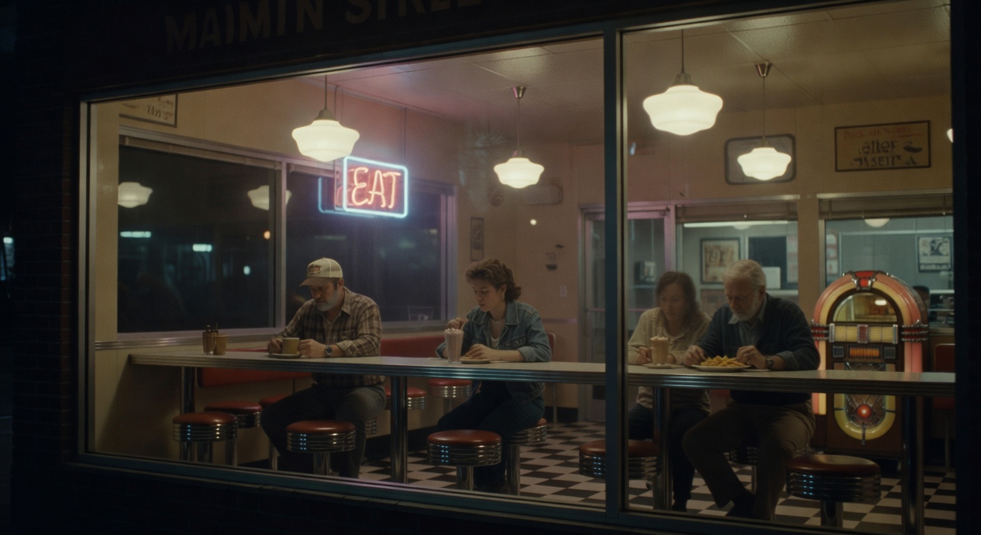 The diner across from the rink at night.