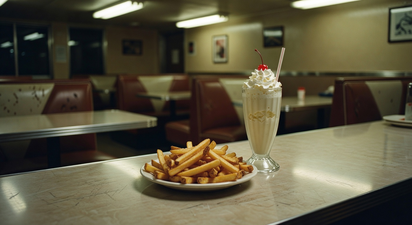 Late-night diner stop with fries and a shake, super chill.