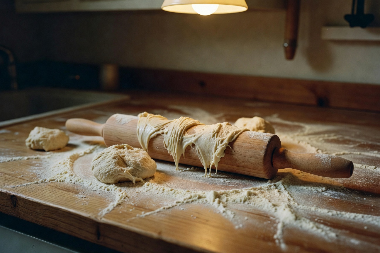 My kitchen counter looking like a flour explosion after attempting ravioli.