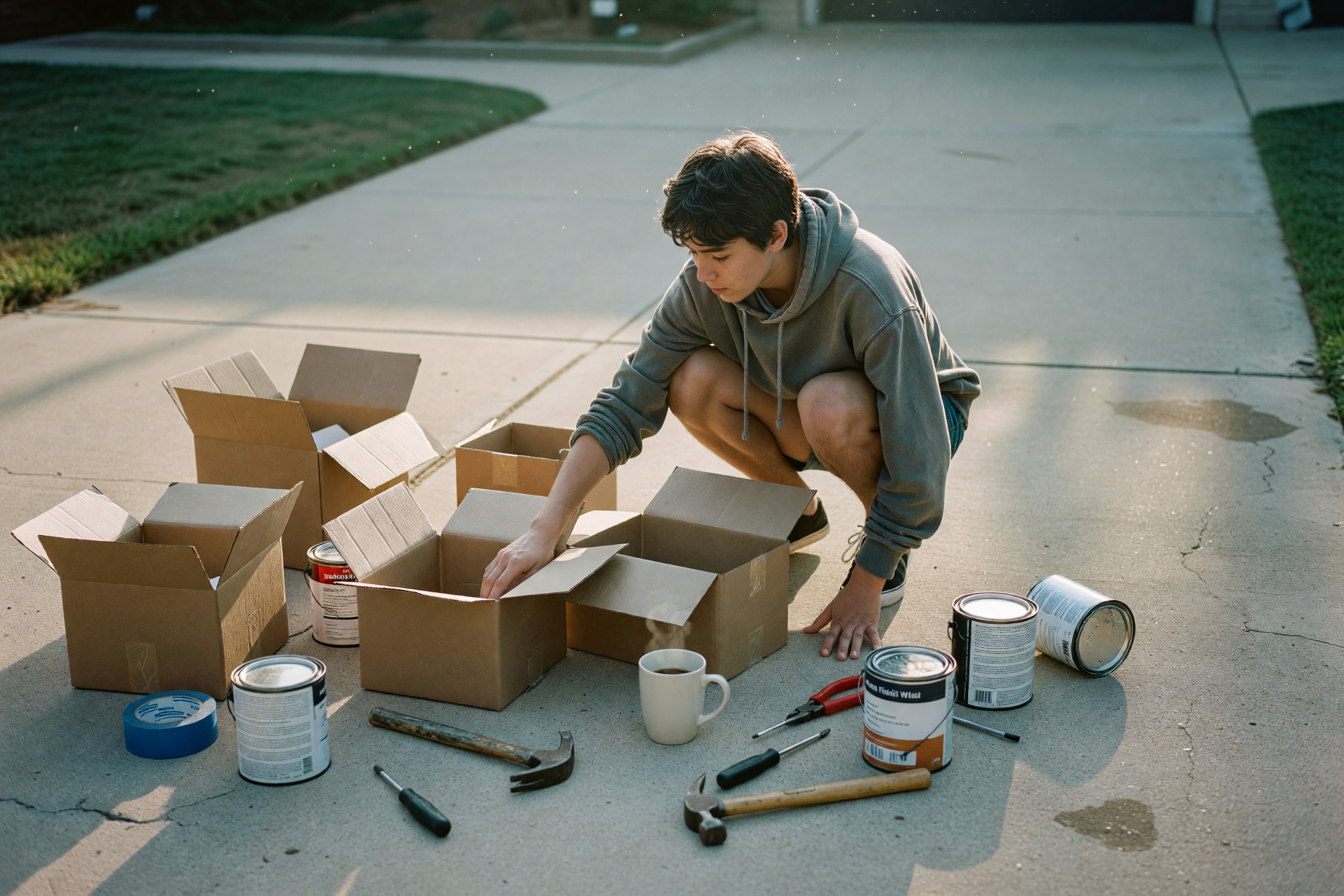 phone photo of boxes and tools on the driveway
