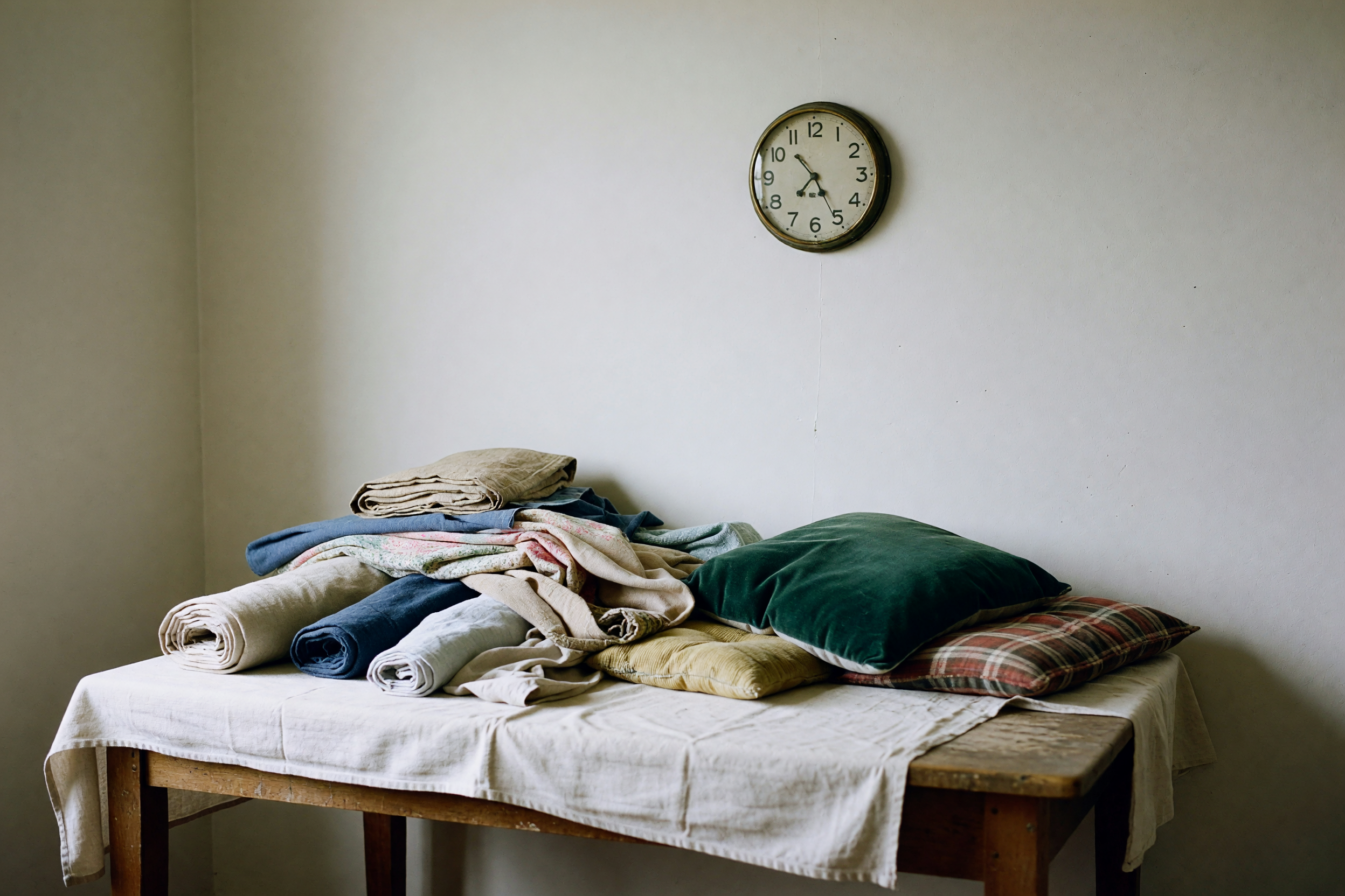 table with fabric and the clock