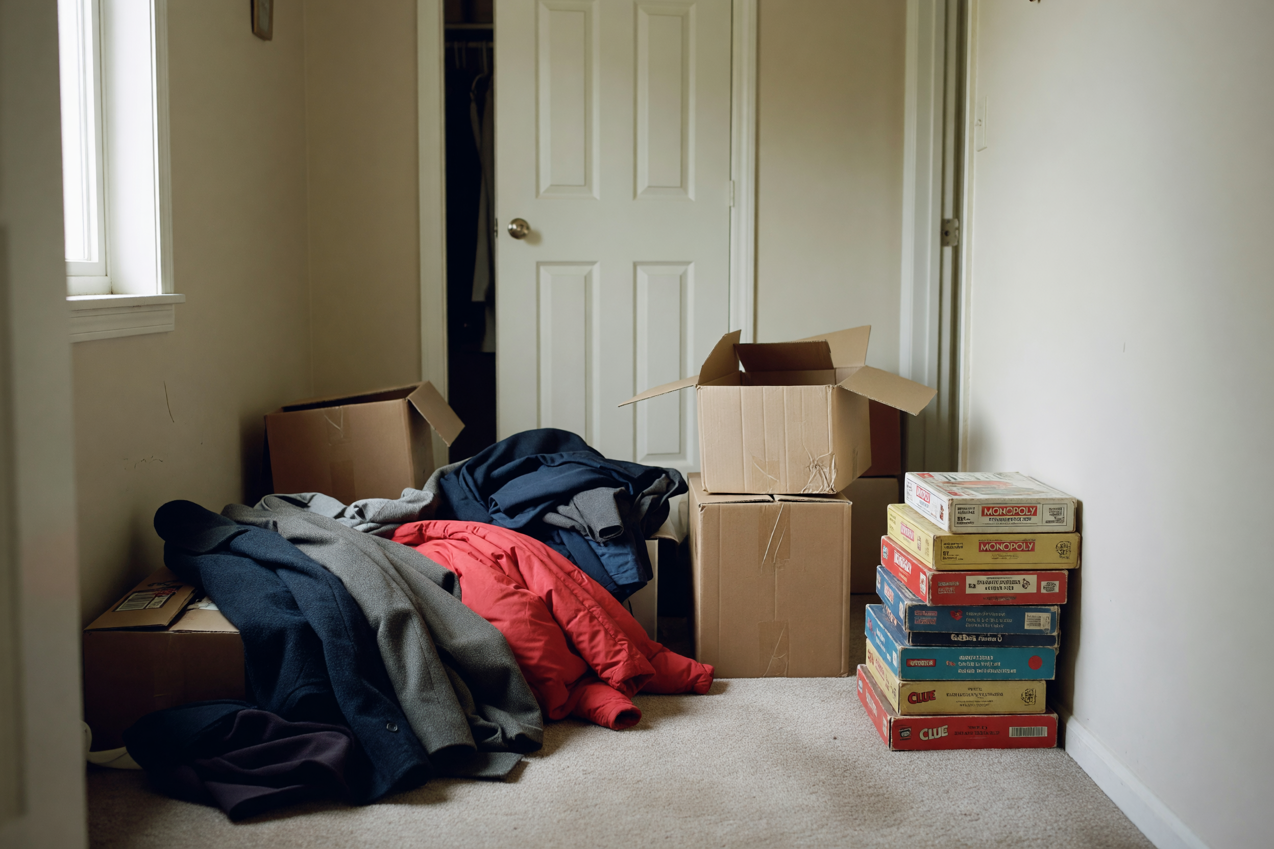 hallway mess after pulling everything out of the closet