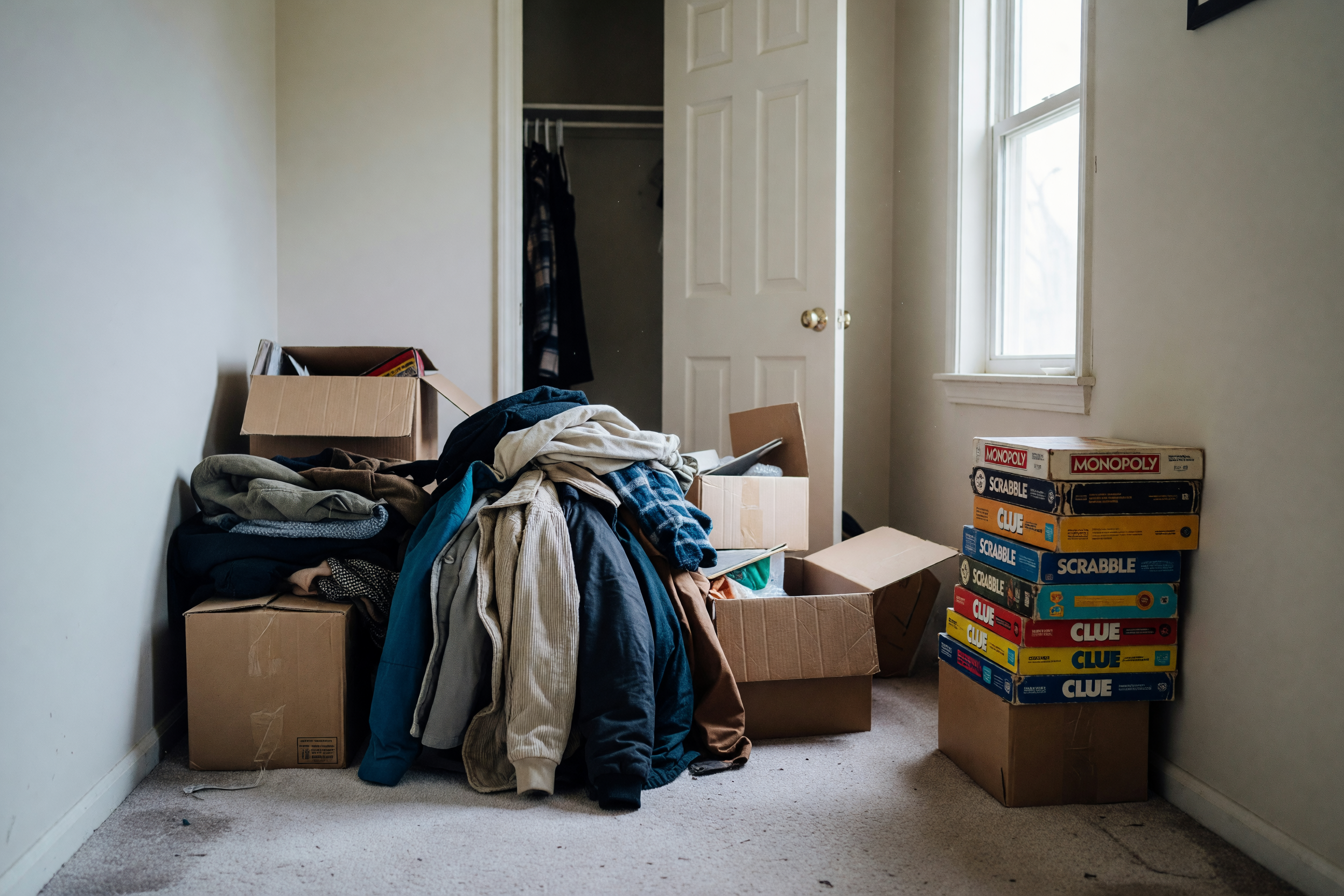 hallway with coats and boxes still on the floor