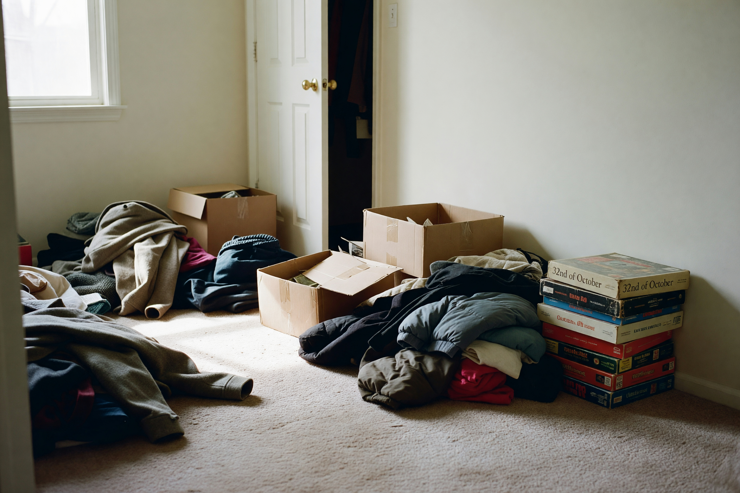 hallway floor with coats, boxes, and games after sorting