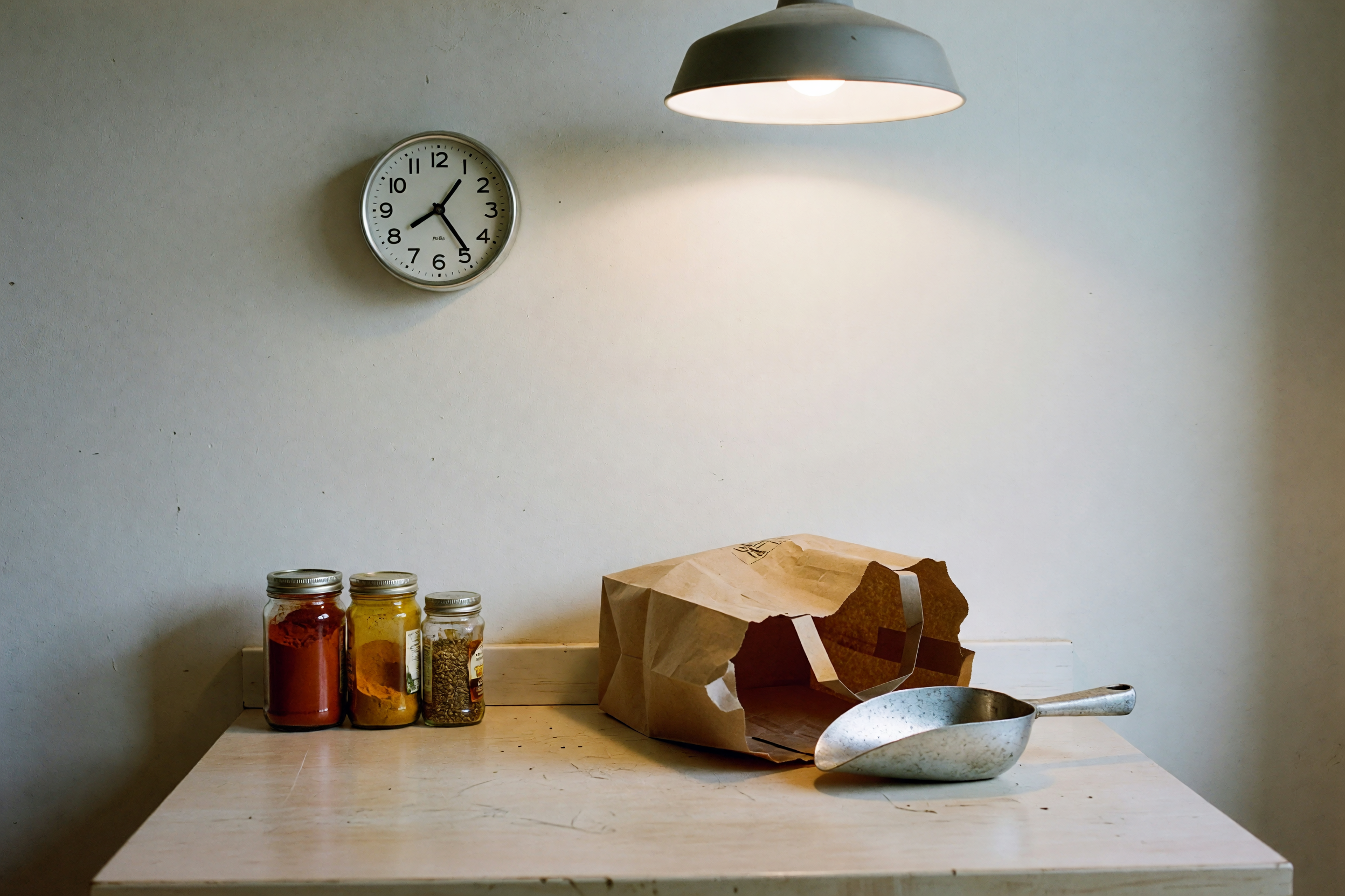 clock on the wall behind the spice jars