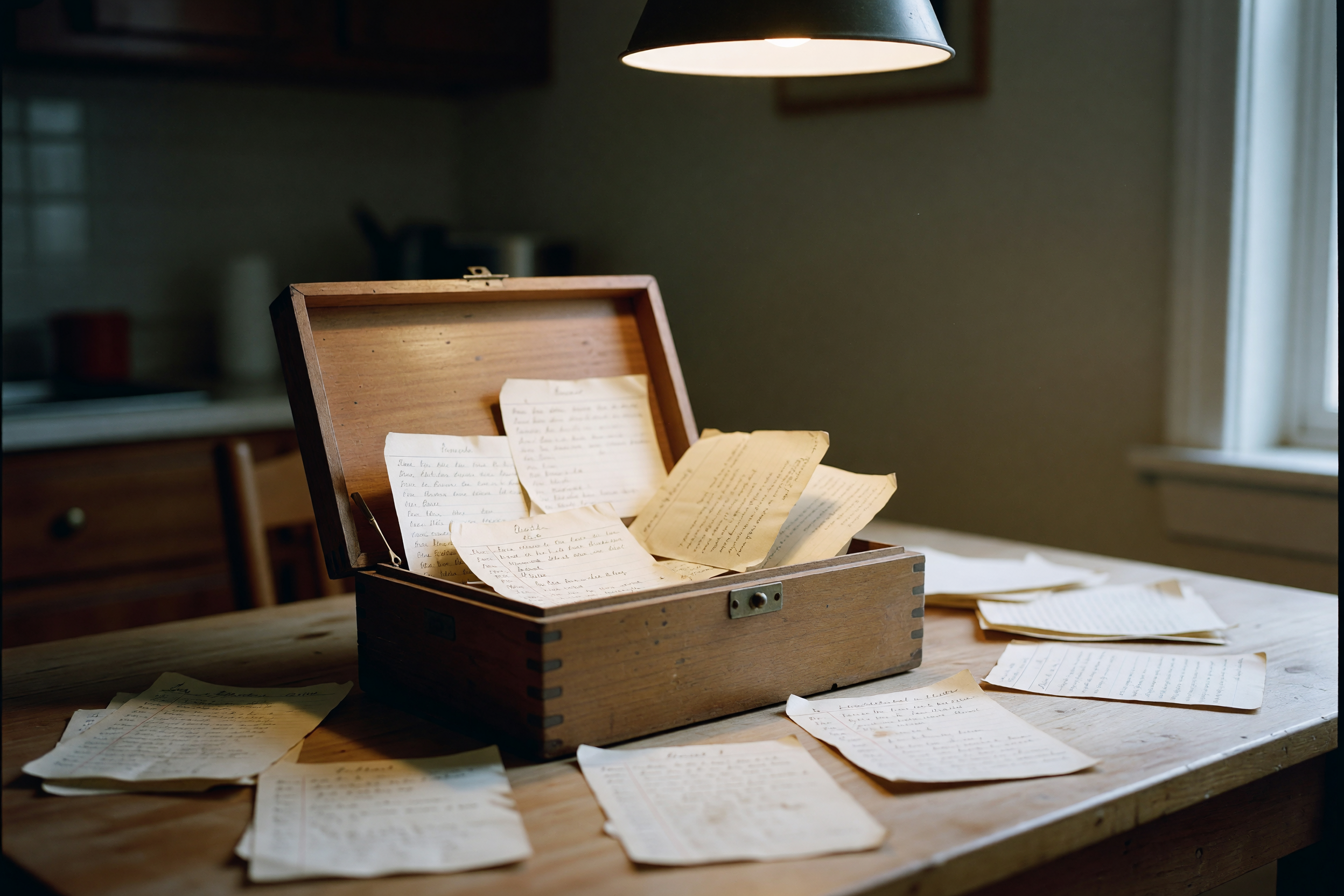 the recipe box open on the table with cards everywhere