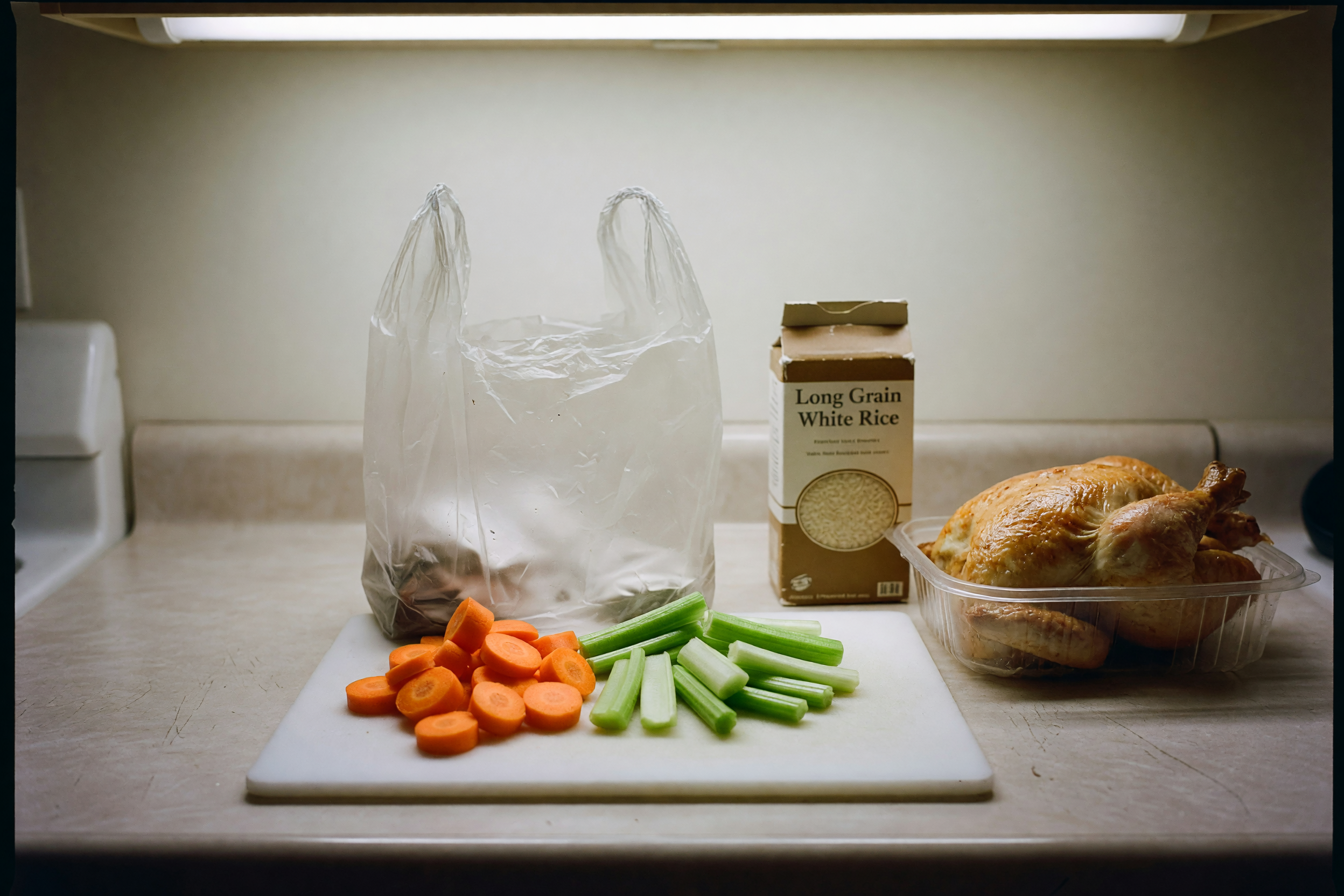 plastic bag and cutting board on the counter