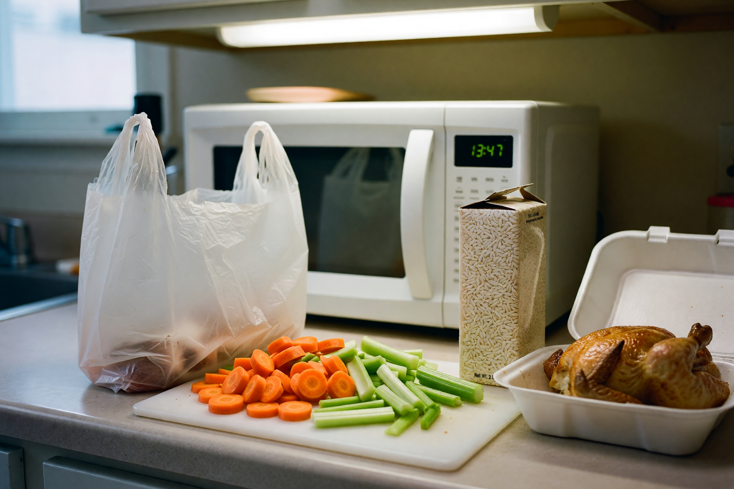 kitchen counter after dinner, microwave clock visible